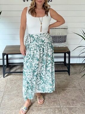Floral Wrap Maxi Skirt in Sage and White